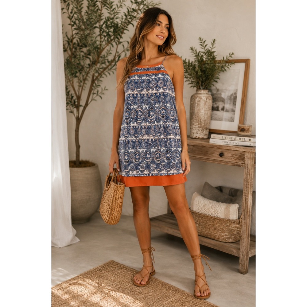 THML Dress Women Small Blue Mini Boho Paisley Summer Festival